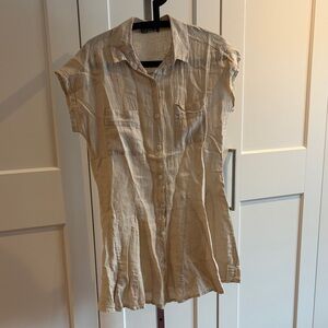 Casual Beige 100% Linen Button-Up Blouse